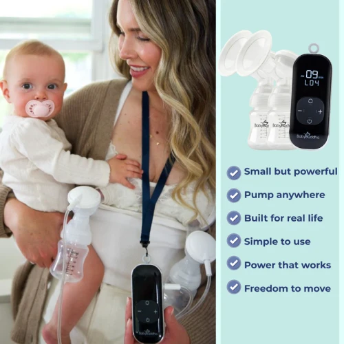 BabyBuddha 2.0 breast pump with EasyFit Kit being used hands-free with lanyard – portable pumping for busy moms on the go
